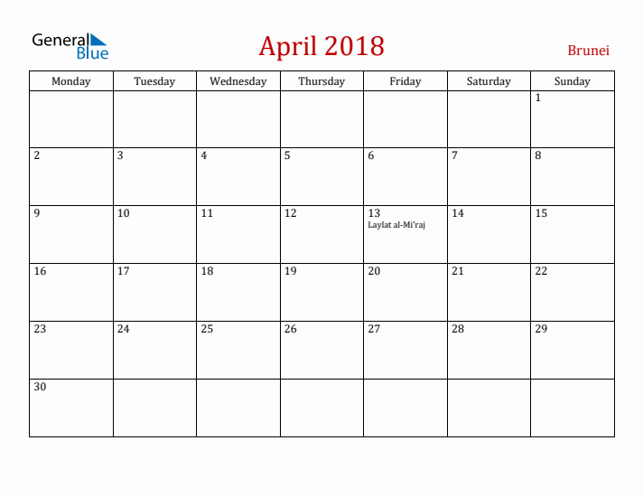 Brunei April 2018 Calendar - Monday Start