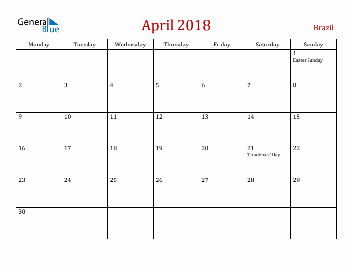 Brazil April 2018 Calendar - Monday Start