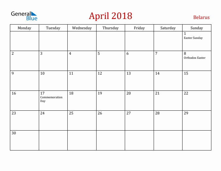 Belarus April 2018 Calendar - Monday Start