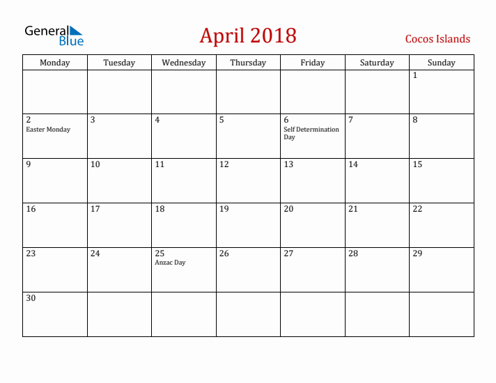 Cocos Islands April 2018 Calendar - Monday Start