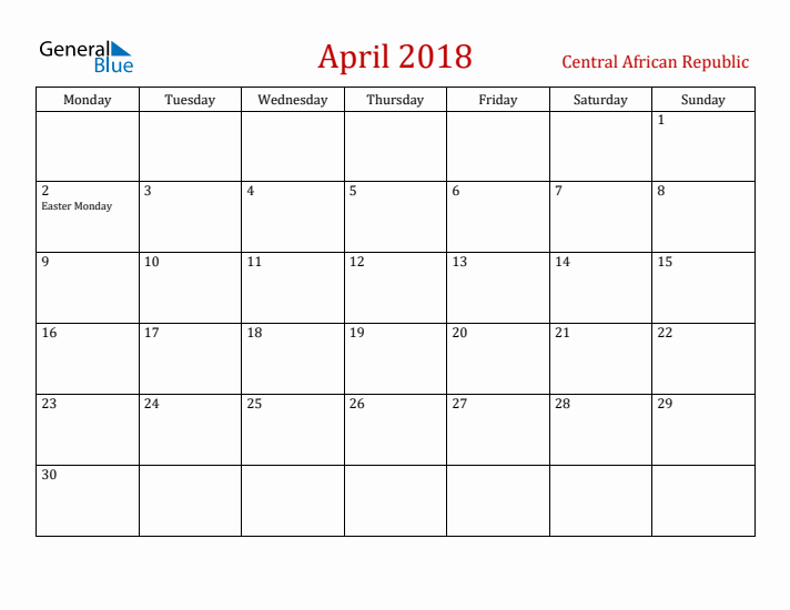 Central African Republic April 2018 Calendar - Monday Start