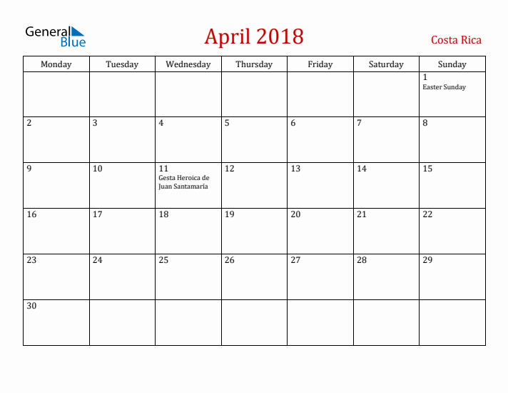 Costa Rica April 2018 Calendar - Monday Start