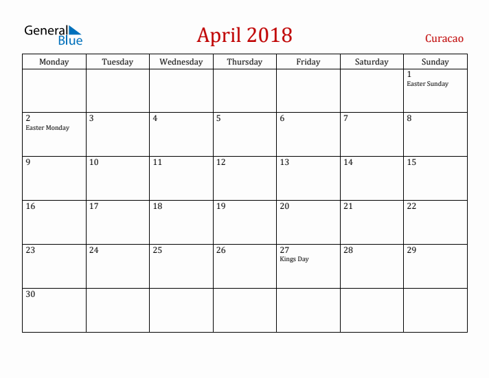 Curacao April 2018 Calendar - Monday Start