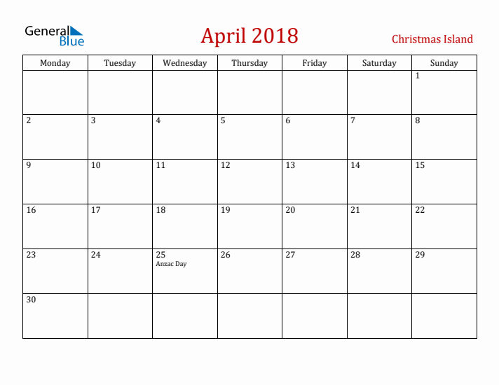 Christmas Island April 2018 Calendar - Monday Start