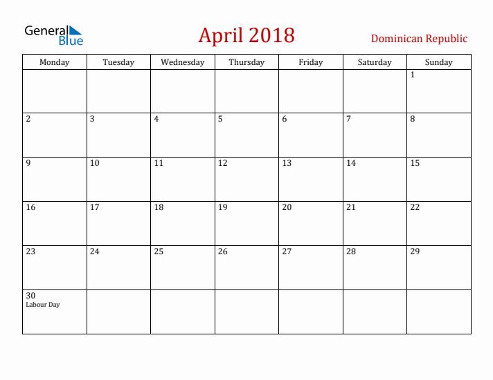 Dominican Republic April 2018 Calendar - Monday Start