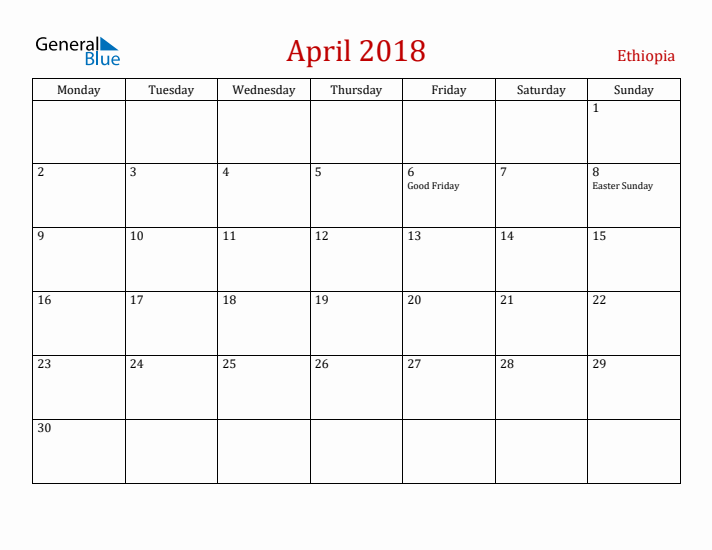 Ethiopia April 2018 Calendar - Monday Start