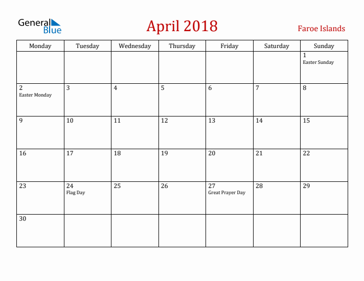 Faroe Islands April 2018 Calendar - Monday Start