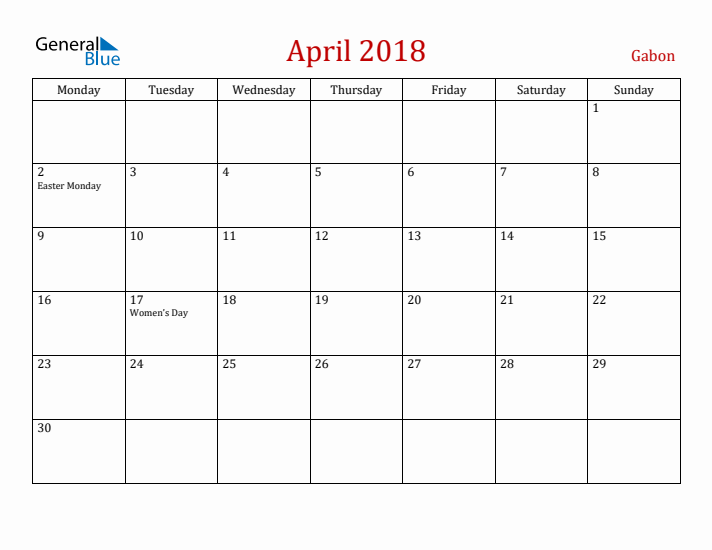 Gabon April 2018 Calendar - Monday Start