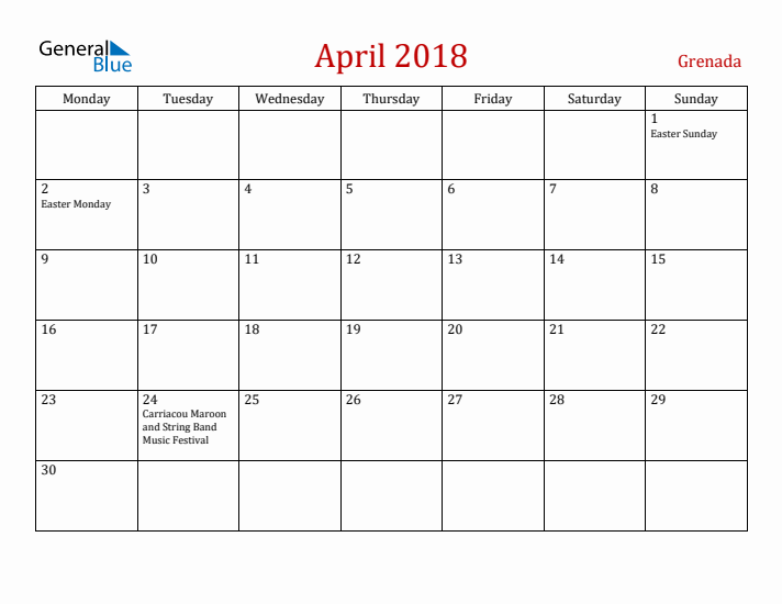 Grenada April 2018 Calendar - Monday Start