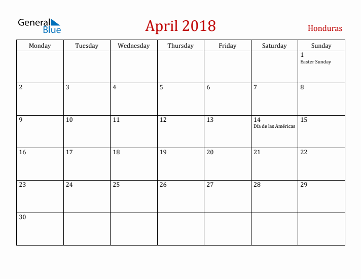 Honduras April 2018 Calendar - Monday Start
