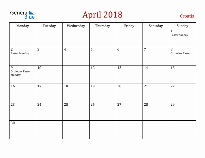 Croatia April 2018 Calendar - Monday Start