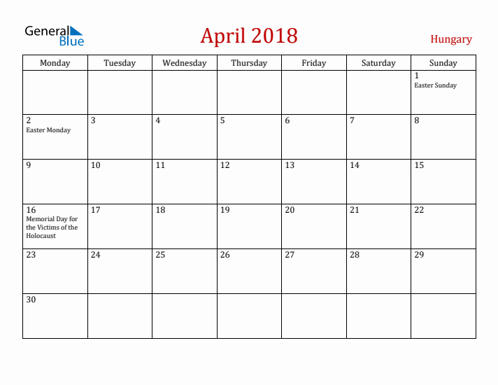 Hungary April 2018 Calendar - Monday Start