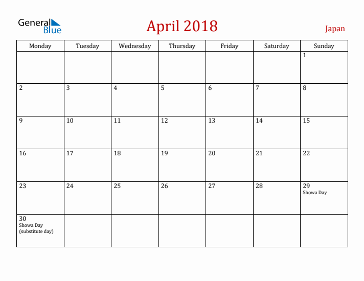 Japan April 2018 Calendar - Monday Start