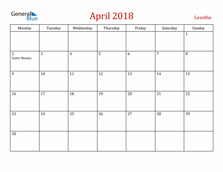 Lesotho April 2018 Calendar - Monday Start