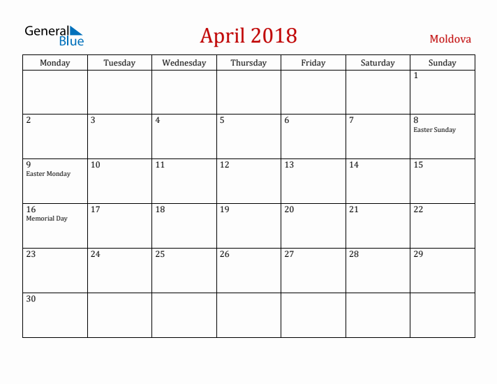 Moldova April 2018 Calendar - Monday Start