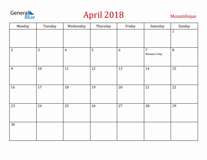 Mozambique April 2018 Calendar - Monday Start
