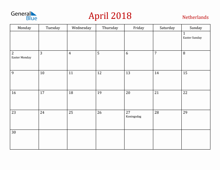 The Netherlands April 2018 Calendar - Monday Start