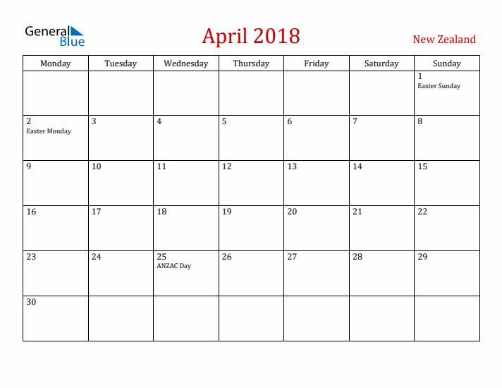 New Zealand April 2018 Calendar - Monday Start