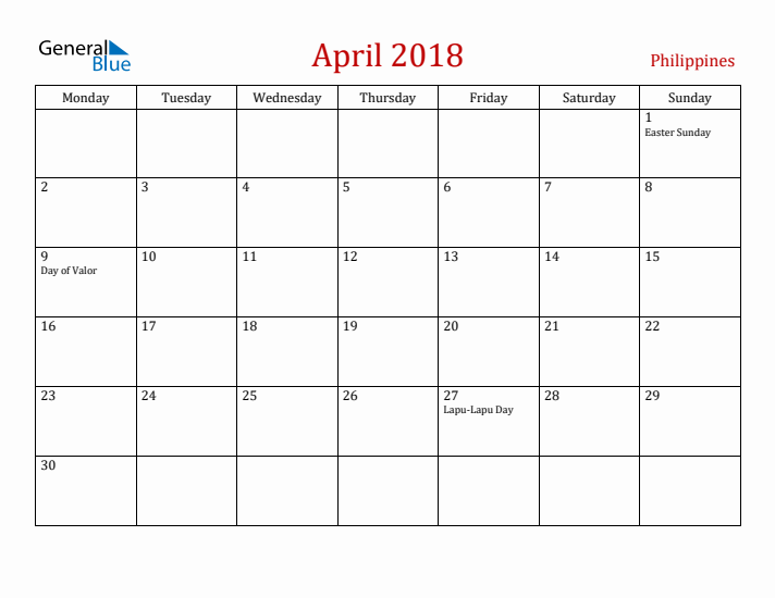 Philippines April 2018 Calendar - Monday Start
