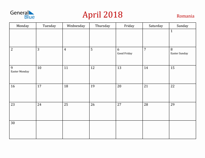 Romania April 2018 Calendar - Monday Start