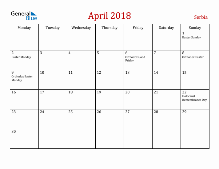 Serbia April 2018 Calendar - Monday Start