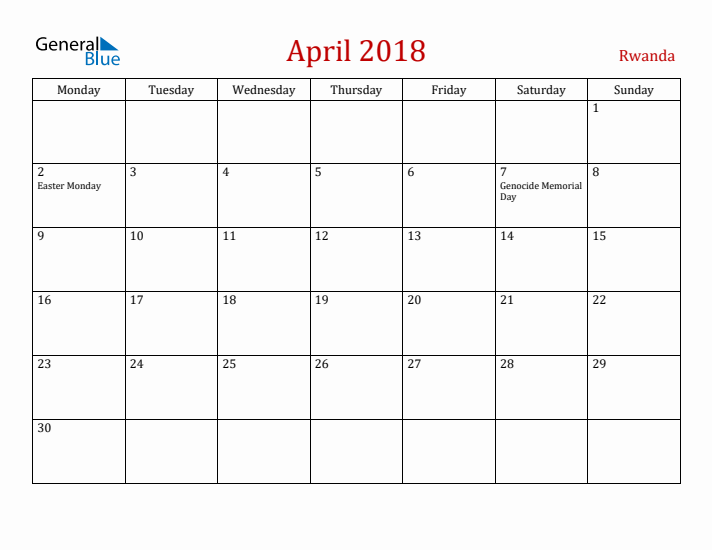 Rwanda April 2018 Calendar - Monday Start