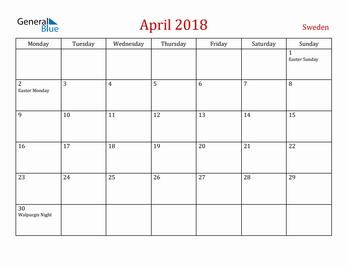 Sweden April 2018 Calendar - Monday Start