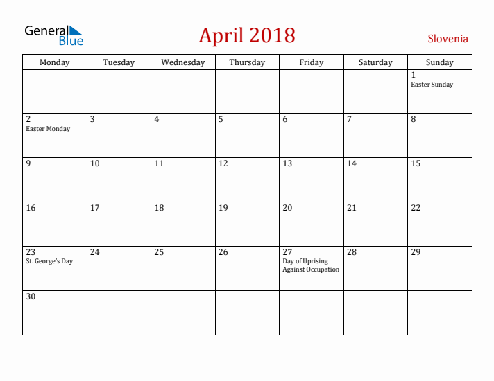 Slovenia April 2018 Calendar - Monday Start