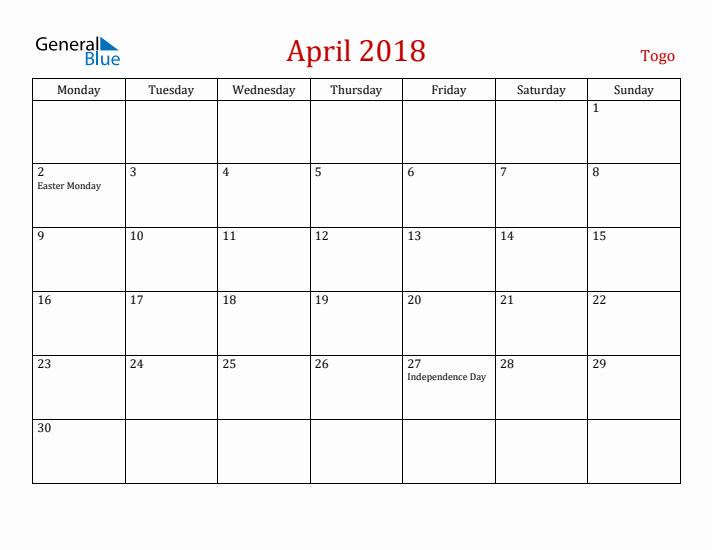 Togo April 2018 Calendar - Monday Start