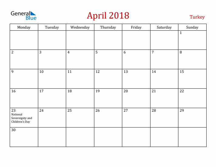 Turkey April 2018 Calendar - Monday Start