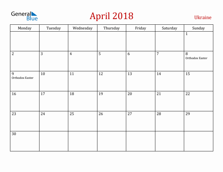 Ukraine April 2018 Calendar - Monday Start