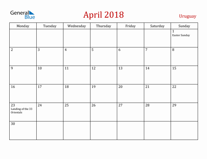 Uruguay April 2018 Calendar - Monday Start