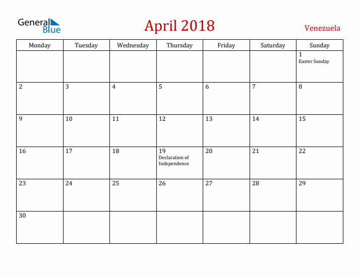 Venezuela April 2018 Calendar - Monday Start