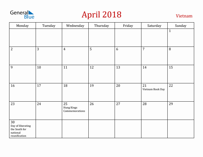 Vietnam April 2018 Calendar - Monday Start