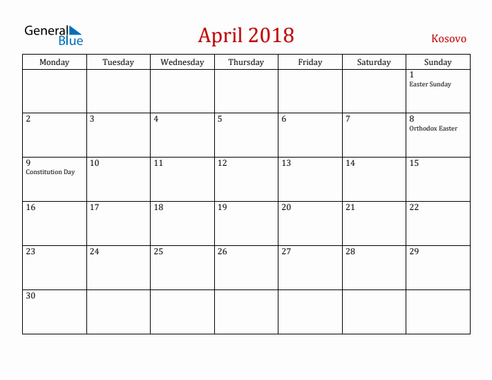 Kosovo April 2018 Calendar - Monday Start