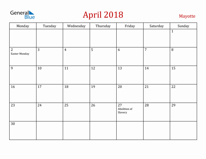 Mayotte April 2018 Calendar - Monday Start