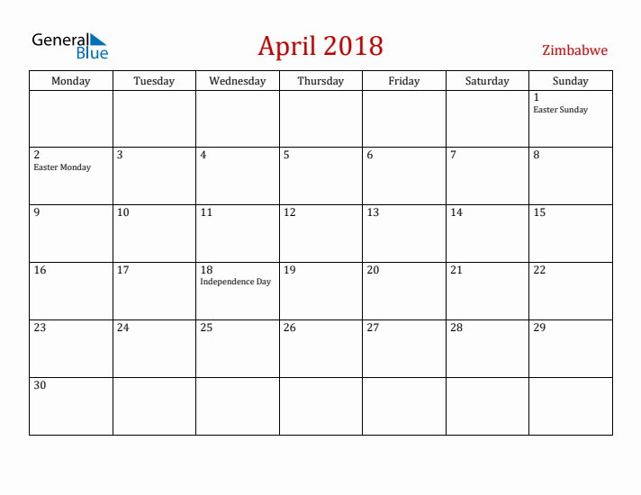 Zimbabwe April 2018 Calendar - Monday Start