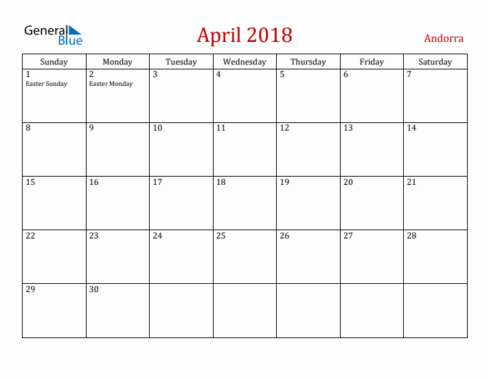 Andorra April 2018 Calendar - Sunday Start