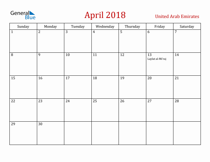 United Arab Emirates April 2018 Calendar - Sunday Start