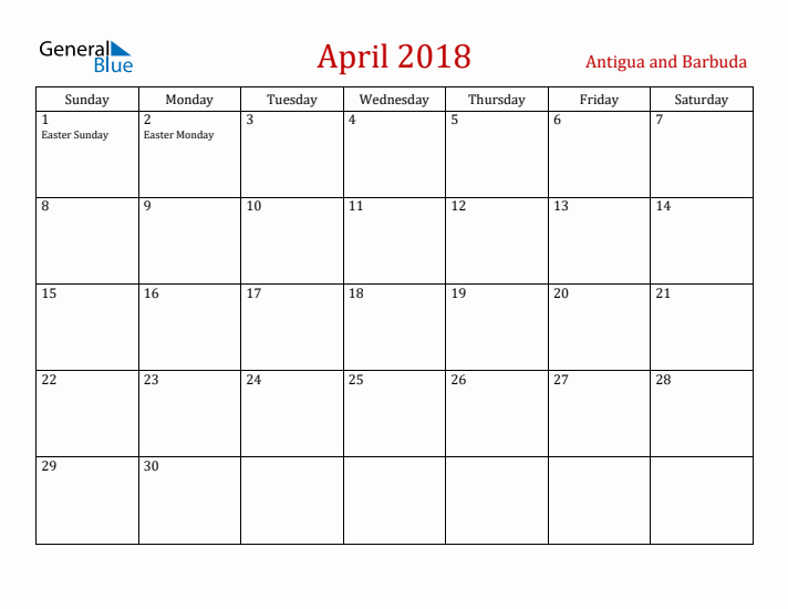 Antigua and Barbuda April 2018 Calendar - Sunday Start