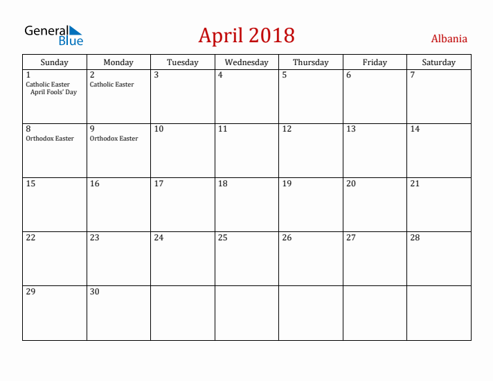 Albania April 2018 Calendar - Sunday Start