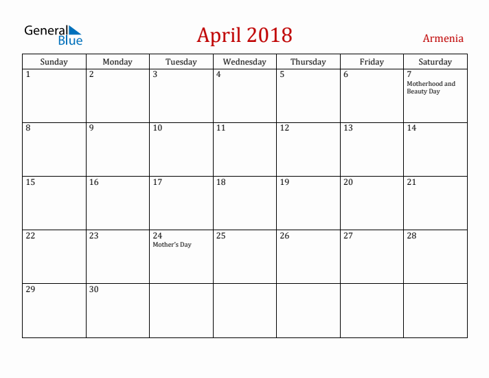Armenia April 2018 Calendar - Sunday Start