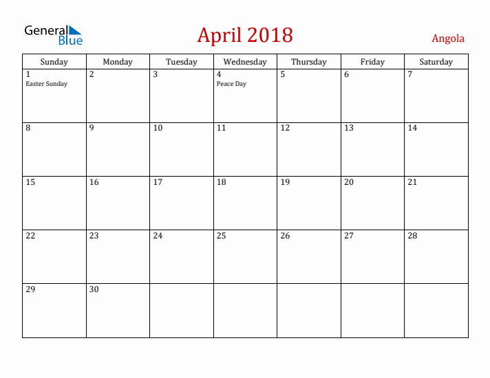 Angola April 2018 Calendar - Sunday Start