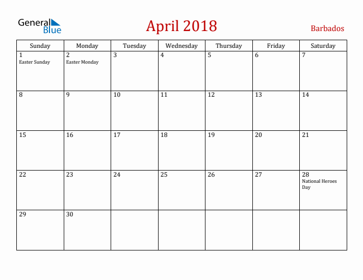 Barbados April 2018 Calendar - Sunday Start