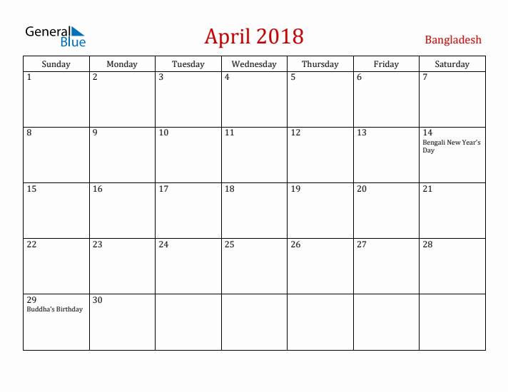 Bangladesh April 2018 Calendar - Sunday Start