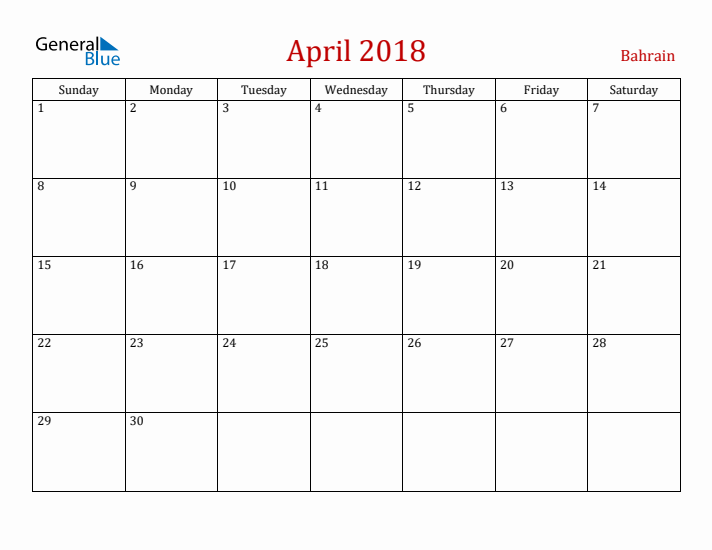 Bahrain April 2018 Calendar - Sunday Start