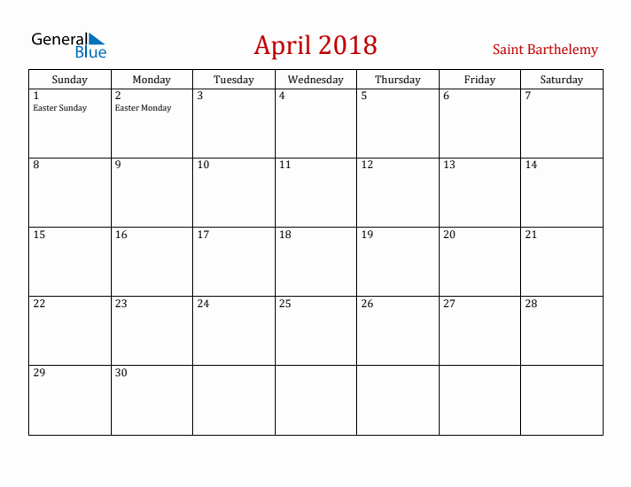 Saint Barthelemy April 2018 Calendar - Sunday Start