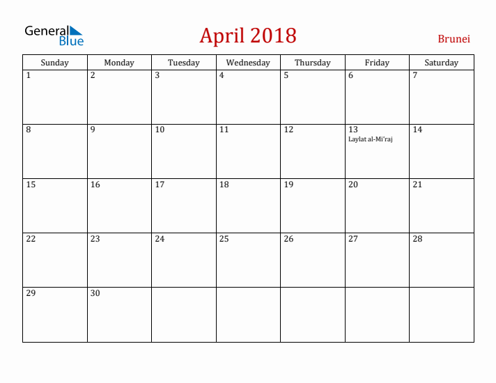 Brunei April 2018 Calendar - Sunday Start