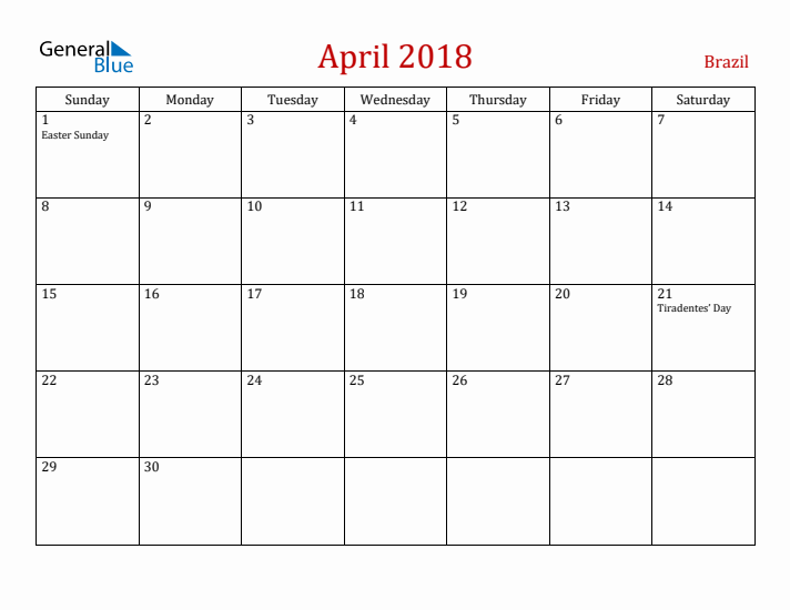 Brazil April 2018 Calendar - Sunday Start