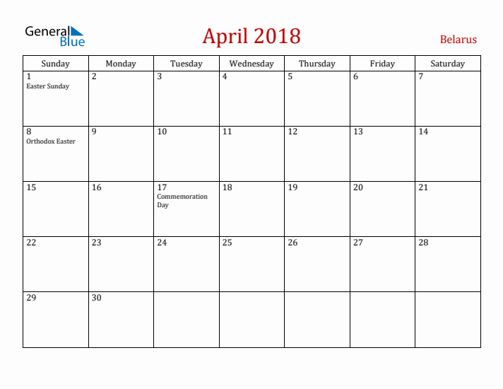 Belarus April 2018 Calendar - Sunday Start